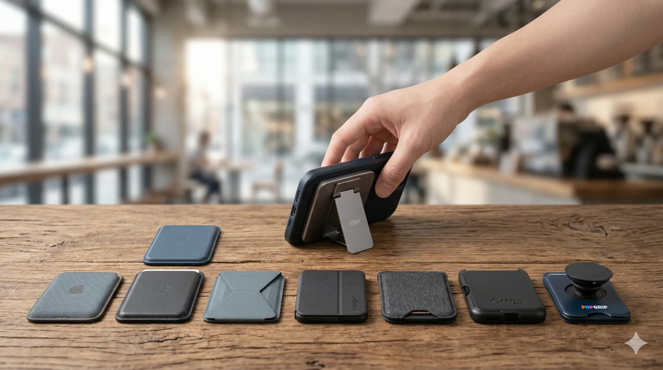 "Mão posicionando um iPhone com carteira MagSafe e suporte em uma mesa de madeira, com uma fileira de sete diferentes modelos de carteiras MagSafe alinhados abaixo para comparação, em um café."